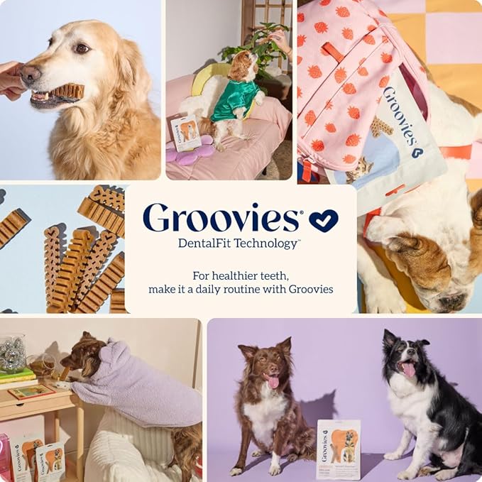 Groovies Flexible Dog Dental Chews with Patented DentalFit Technology to Help Support Tartar Control & Fresh Breath, Large Dog Chews for 25-50 lb Dogs, USA Manufactured Oral Care, 6 Chews