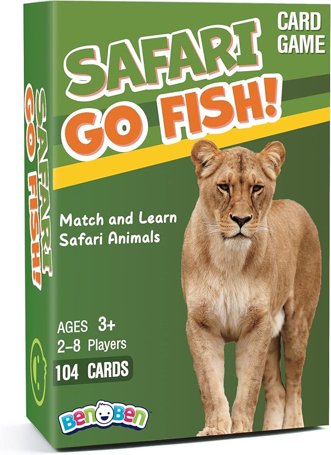 BenBen Go Fish Card Game for Kids, 104 Picture Cards, Jumbo Size, Safari Animal Learning Playing Cards, Memory Matching Games with Real Photos Fun Facts, 2-8 Players, Easter Basket Stuffers