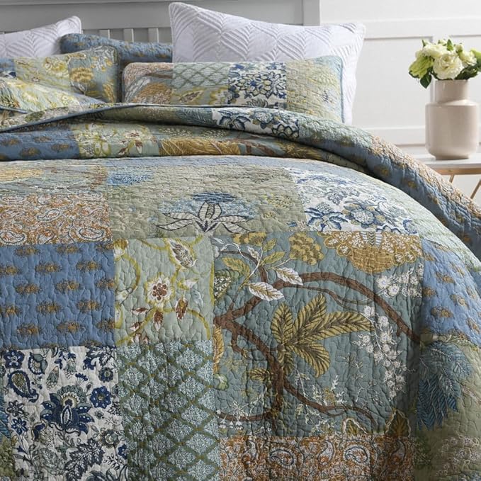 ENASAL Cotton Bedspread Quilt Sets Reversible Bedding Coverlet Sets Comforter, Patchwork Vintage Floral Paisley Farmhouse Pastoral Turquoise Bedspread, Queen Size