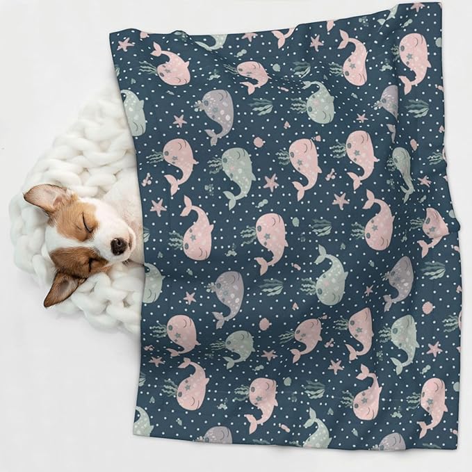 Double Sided Pet Mat for Dog Bed Topper Cat Blanket Furniture Protector, Cute Whales Mandala Blue, Reversible Plush with Tactile Dot Pattern for Style Change