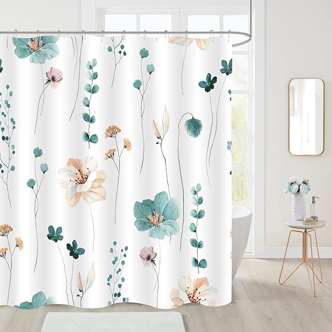 Gibelle Watercolor Floral Shower Curtain, Teal Beige Flower Shower Curtain for Bathroom, Modern Minimalist White Waterproof Fabric Shower Curtain Set with Hooks 72x72 Inch