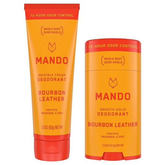 Mando Bourbon Leather Body Deodorant - 72 Hour Odor Control, Aluminum Free, Baking Soda Free - 3.0 Oz Tube and 2.6 Oz Solid Stick