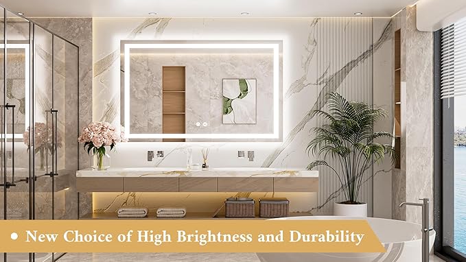 TETOTE LED Lighted Bathroom Mirror with Lights 48 x 30 Brighter Front and Backlit Light up Mirror for Bathroom Wall, Illuminated Vanity Anti Fog Mirror, 3-Color Stepless Dimmable, Tempered Glass