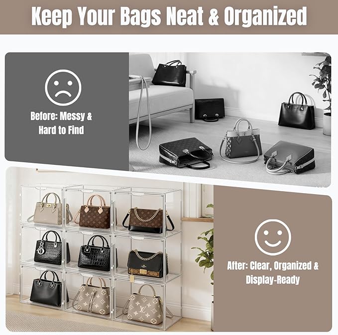 10Pack Purse Organizer for Closet Clear Acrylic Display Case Handbag Storage Organizer Box with Magnetic Door Stackable Storage Bins with Dustproof Lid for Book Toys Shoes Cosmetic Collectibles