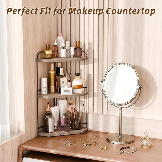 Corner Bathroom Counter Organizer, 3-Tier Wood Countertop Organizer for Perfume, Makeup Storage, Skincare Organizers for Vanity, Counter Corner Shelf for Kitchen, Bathroom, Dresser (Grey)