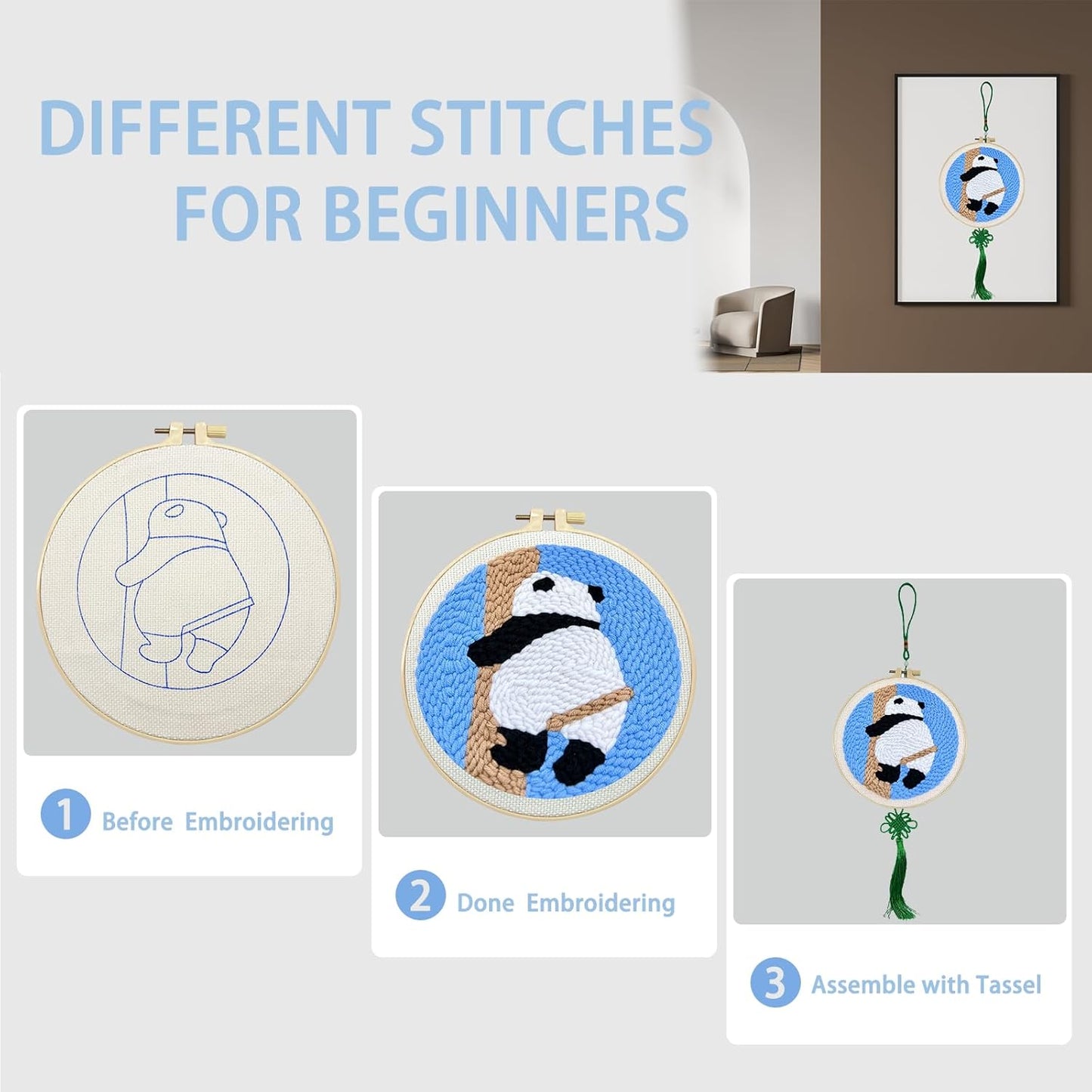 Danvk Panda Punch Embroidery Kit with Embroidery Fabric, Hoop,Scissor,Punch Needle and Yarns, Hand Craft Gift,DIY Embroidery Kits, Hand Punch Needle Kit for Women and Kids Beginners(Panda-Climbing)