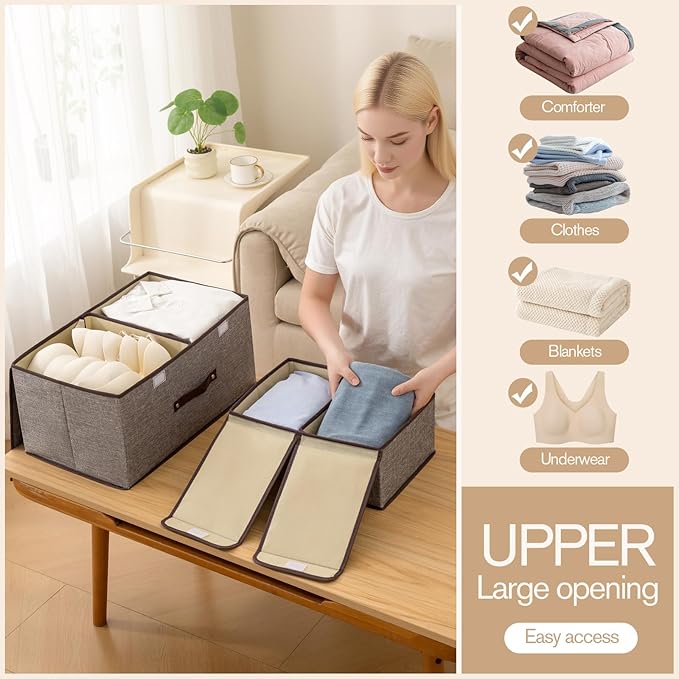 Linen Storage Boxes with Removable Dividers, 2-Pack Large Foldable Organizer Bins, Gray Fabric Containers with Handles for Clothes, Blankets, Underwear Storage (Grey, 2Pack*15L)