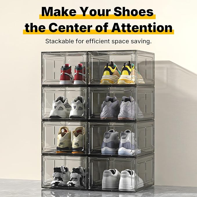 1 Pack Drop Front Shoe Box for Men’s Sneakers, Stackable Magnetic Display Case, Large Size for Up to US 13, Clear-Black Organizer – 13.5 x 10.55 x 7.5 Inches