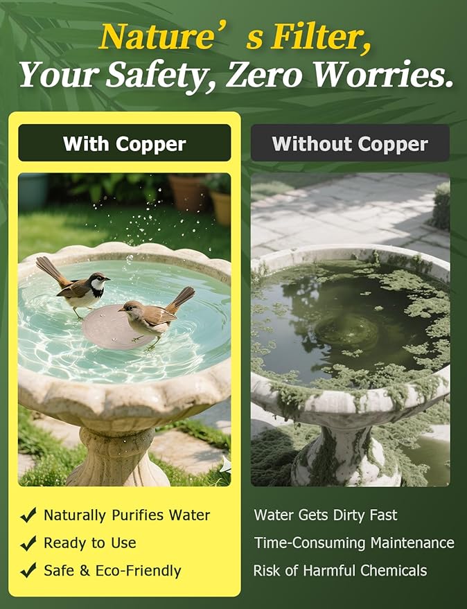 Mellbree Bird Bath Copper Disk, 0.6mm Reinforced 99.99% Pure Copper Cleaning Disk for Physical Safe Clean Water All-Season, Universal Fit for Outdoor Birdbaths, Bowl, Bird Bath Heater Solar (Flower)