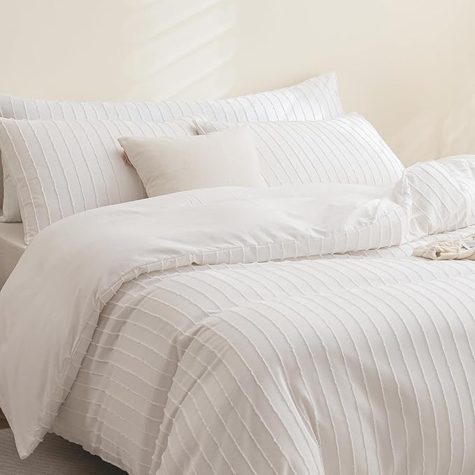 JELLYMONI Duvet Cover Full Size White - 3PCS Boho Striped Duvet Cover Set Polyester Tufted Bohemian Textured Comforter Cover 80×90in with Corner Ties & Zipper and 2 Pillowcases