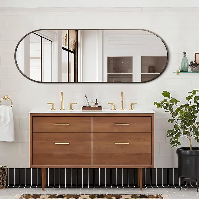 Oval Bathroom Full Length Mirror, Large 48x16'' Pill Shaped Oblong Vanity Wall
