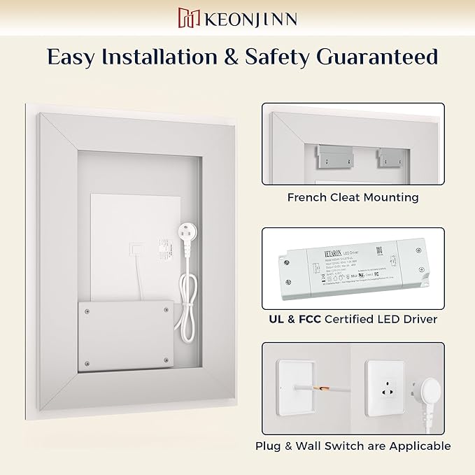 Keonjinn LED Bathroom Mirror 30 ” x 30 ” with Frontlit & Backlit, Lighted Mirror for Bathroom Wall with Dimmable 3-Color Lights, Anti-Fog Mirror with HD Tempered Glass, UL-Listed LED Driver
