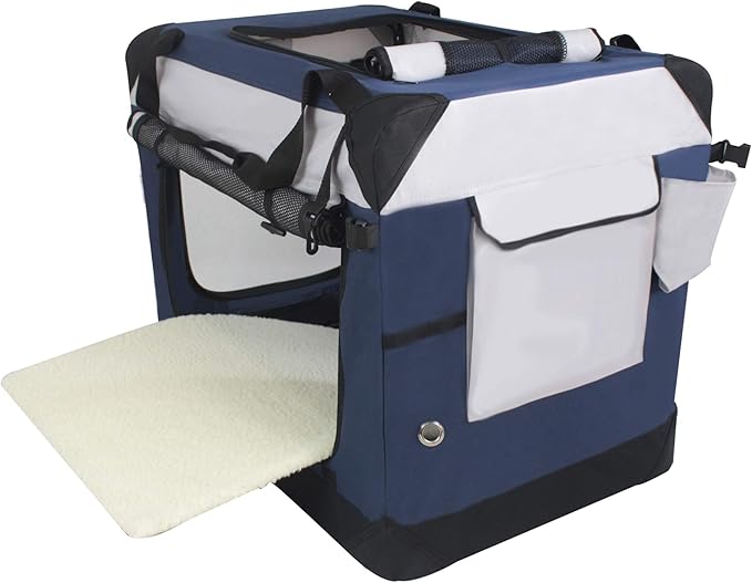 EliteField 4-Door Folding Soft Dog Crate with Curtains, Carrying Bag and Fleece Bed (2 Year Warranty), Indoor & Outdoor Pet Home (30" L x 21" W x 24" H, Navy Blue+Gray)
