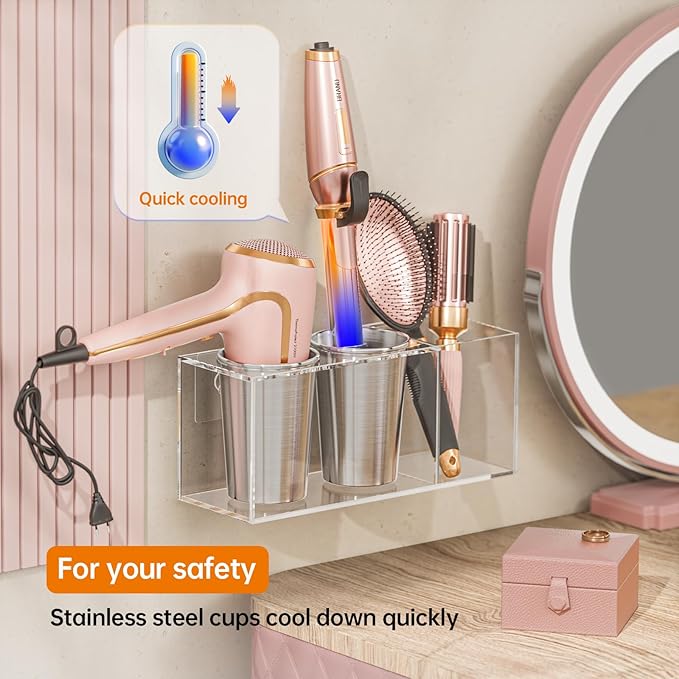 Hair Tool Organizer Acrylic: Hair Dryer Holder Wall Mount - Blow Dryer Holder Cabinet Door - Bathroom Countertop Organizer for Curling Iron Hot Styling Tools Flat Iron - Clear