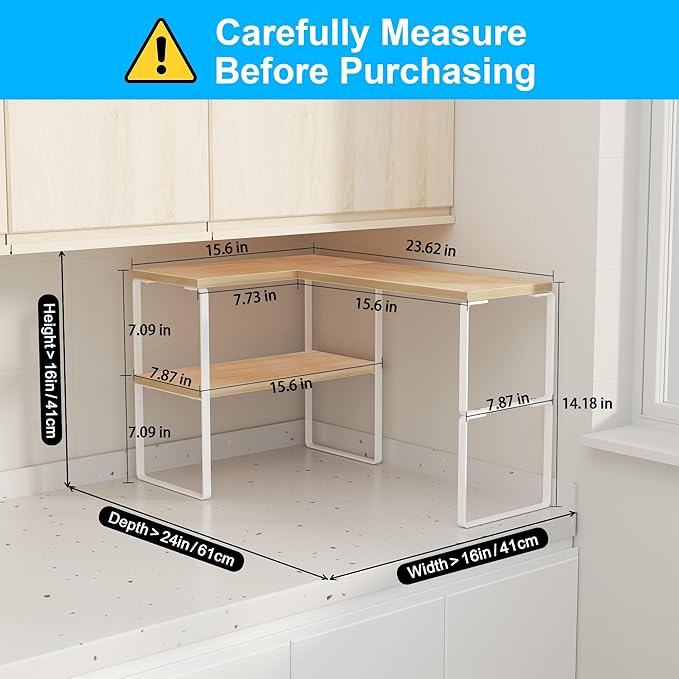 Golener Countertop Organizer Corner Shelf, 2 Tier Adjustable Stackable Corner Shelves for Kitchen, Bathroom, Spice Rack, Coffee Bar, Over Sink, Dresser Table, Corner Counter Shelf Stand, Natural Beige