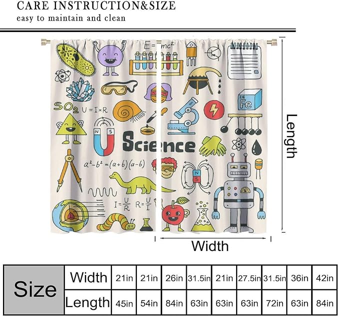 Cartoon Science Bedroom Curtains, Chemistry Science Pharmacy Research Blackout Rod Pocket Window Drapes for Childs Girls Boys Bedroom Living Room Home Set 2 Panels,63x63 Inches