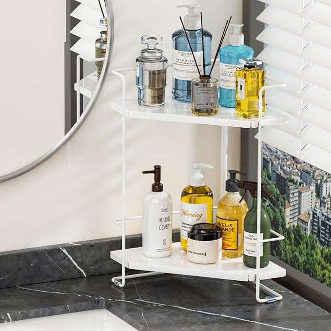 2-Tier Bathroom Counter Organizner, Bathroom Organizers and Storage for Bathroom, Kitchen Counter, Corner Storage Shelf for Bedroom, Storage, Makeup, Skincare, Perfume (White)