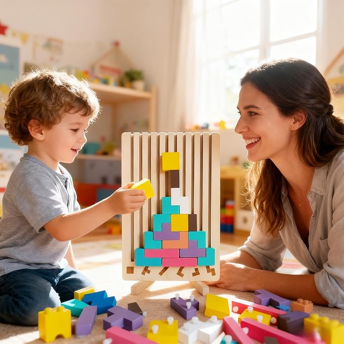 Wooden Stacking Puzzle Toy, 3D Russian Block Puzzle Jigsaw Puzzle, Stress Montessori Toy for Boys and Girls Board Game Educational Toys for Toddlers Brain Teasers for Toddlers 3-6 Years