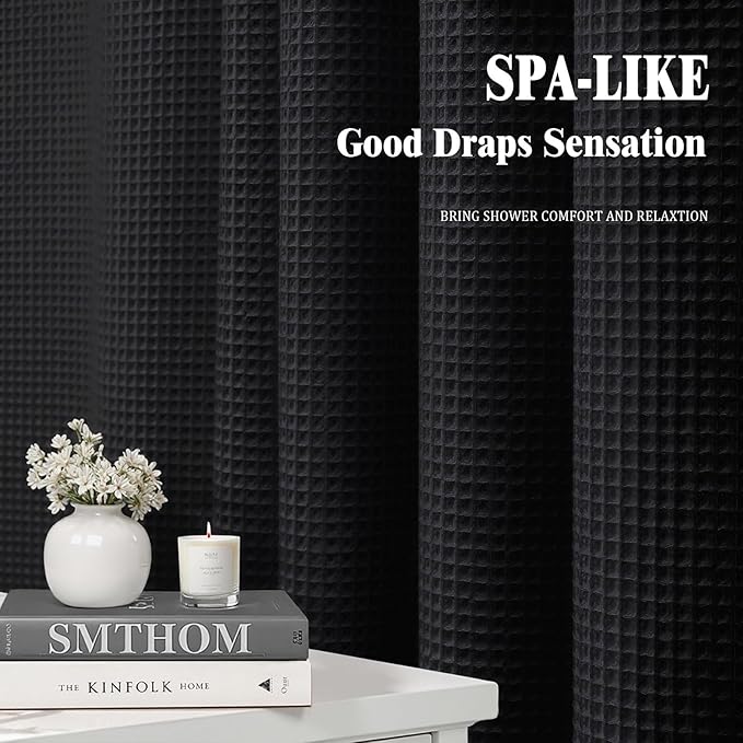 Stall Waffle Shower Curtain - Black Cotton Fabric Texture Heavyweight Shower Curtain for Narrow Bathroom,Washable,48Wx72L