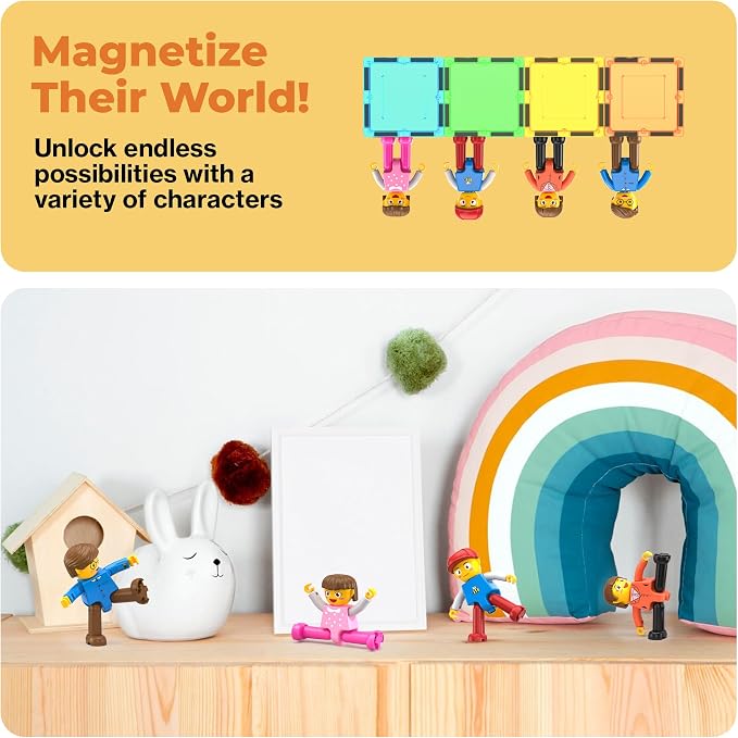 PicassoTiles 4pcs Magnetic Family Action Figures Toddler Magnet Toy Expansion Pack Educational Add-on STEM Learning Kit Toys Pretend Playset for Construction Building Block Tile for Kids Age 3+ PTA01
