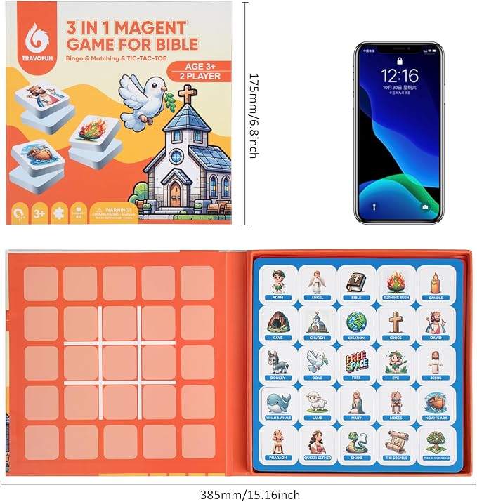 Travofun 3-in-1 Magnetic Bible Games for Kids Ages 5–8 | Magnetic memory match, story bingo and tic-tac-toe for church, Sunday school, Christian family game night and travel.