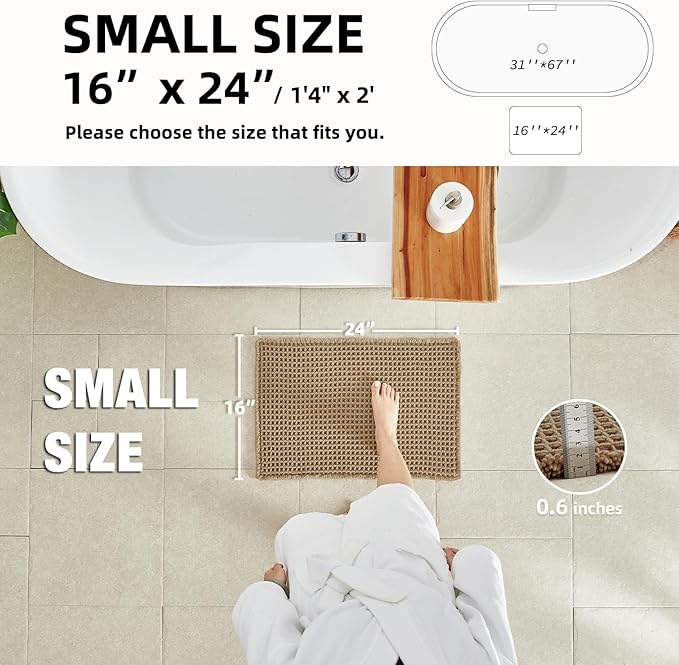 Waffle Bath Mat, Boho Bathroom Rugs Non Slip Washable Super Absorbent Quick Dry Farmhouse Bathroom Decor, 24"x16" / 1'4" x 2' Khaki