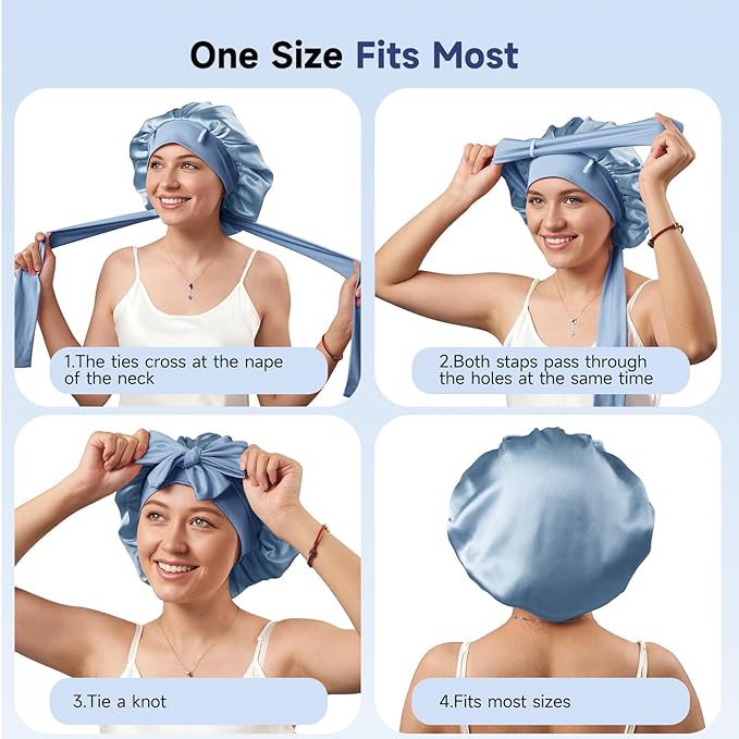 Umisleep Silk Bonnet, Soft Hair Bonnet for Sleeping, Real Mulberry Silk Lining, Bonnets for Women Hair Care, Double Layer Hair Cap with Tie, Large Silk Hair Wrap for Curly Long Hair, Blue