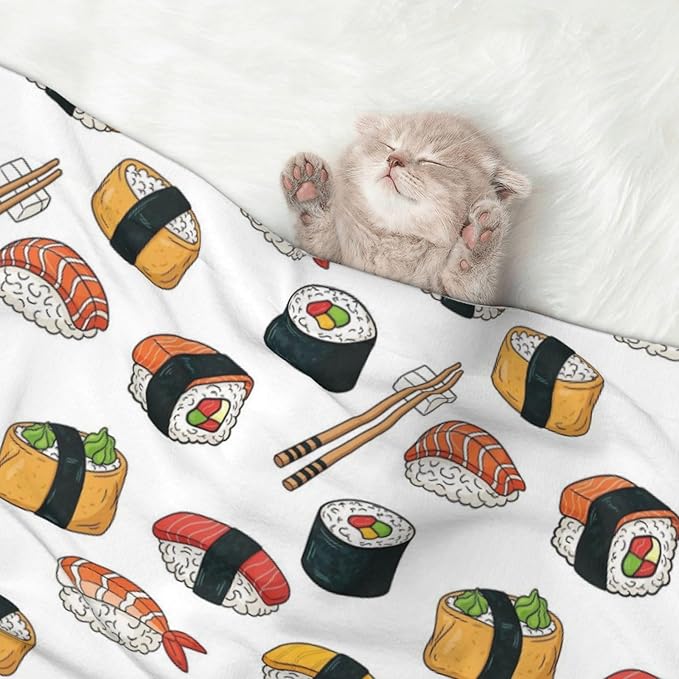Two Sided Plush Pet Blanket for Warmth Comfort, Sushi, Reversible Throw with Cozy Nubby Side for Chilly Nights Napping Spots Around House