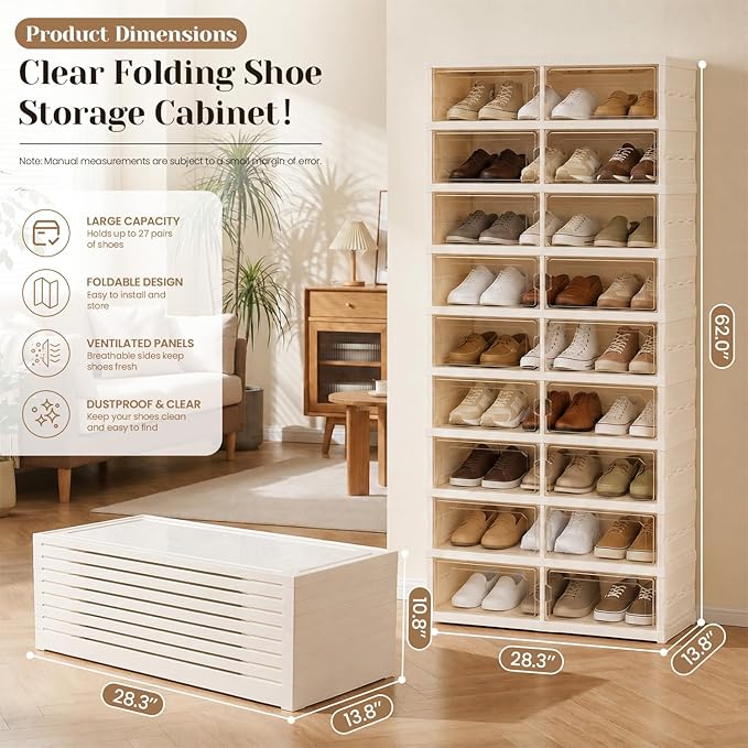 Foldable Shoe Rack with Doors, Stackable Plastic Shoe Organizer, Large Clear Shoe Storage Boxes for Closet and Entryway, Portable Collapsible Shoe Cabinet 9 Tiers, 27Pairs