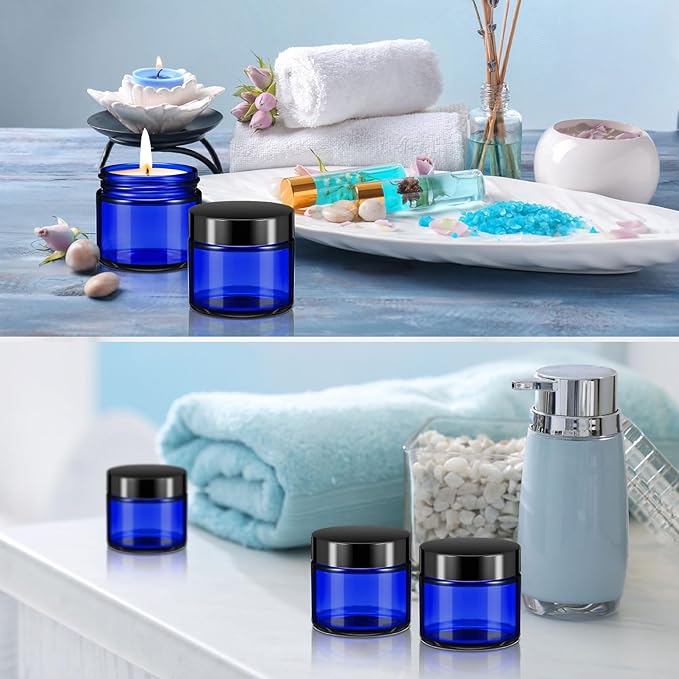 Domensi 48 Pcs 2 oz Glass Jars with Lids Travel Size Round Leakproof Empty Cosmetic Jars with Inner Liners Lid for Storing Makeup Lotions Face Cream Ointments Candle DIY Making (Cobalt Blue)