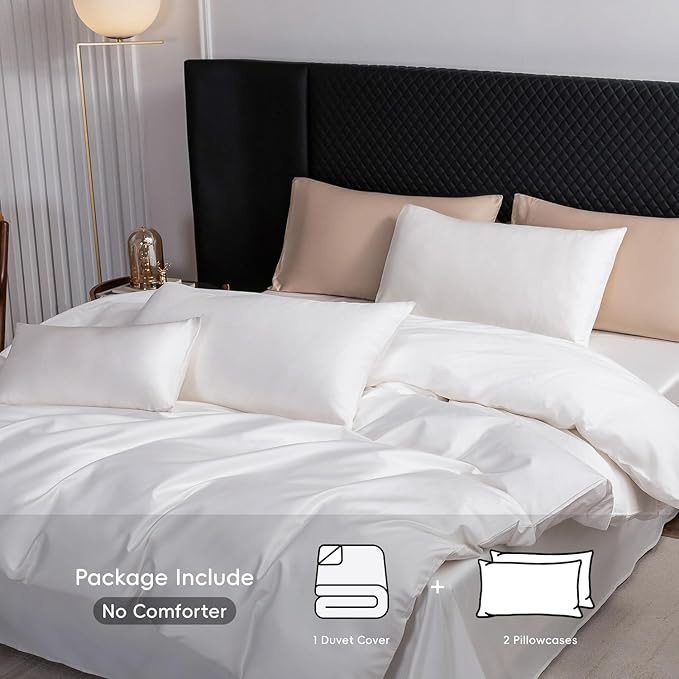 MooMee Duvet Cover Set 100% Extra Long Staple Cotton 600 Thread Count Silky Sateen Smooth Luxury Soft Breathable Durable Hotel Quality Bedding, 3 Pieces (White, Super Queen 90"x98")