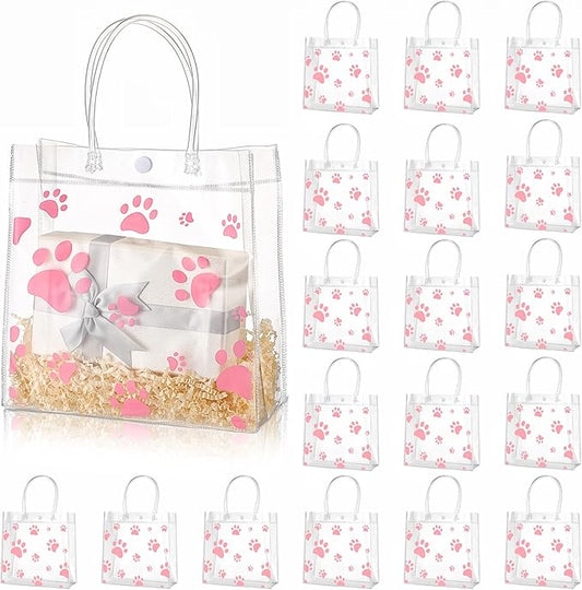Teling 20 Packs Dog Paw Clear PVC Gift Bags with Handle Reusable Plastic Wrap Tote Bags Transparent for Puppy Pet Treat Party Favor Birthday Wedding Party, 8 x 8 x 3.15 Inch(Pink)