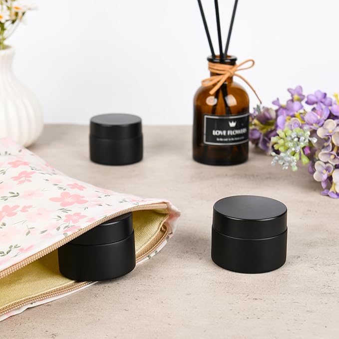 Glass Jars with Lids,Eco-Friendly Cosmetic Containers with Airtight Black Lids & Liners, Multi-Color Options for Cream, Lotion, Body Butter, DIY Skincare Travel Jars (Frosted Black, 1oz)