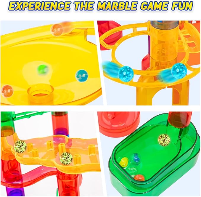 247Pcs Marble Run with Motorized Elevator, Construction Building Blocks Toys with 30 Glass Marbles and 30 Glow in The Dark Marbles, STEM Gifts for Boys and Girls