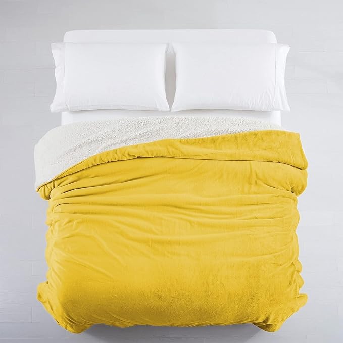 IR Imperial Rooms Sherpa Fleece Queen Size Blanket for Bed - Thick and Warm Blanket for Winter Reversible Soft and Fluffy Blankets Queen Size, Yellow, 90x90 Inches