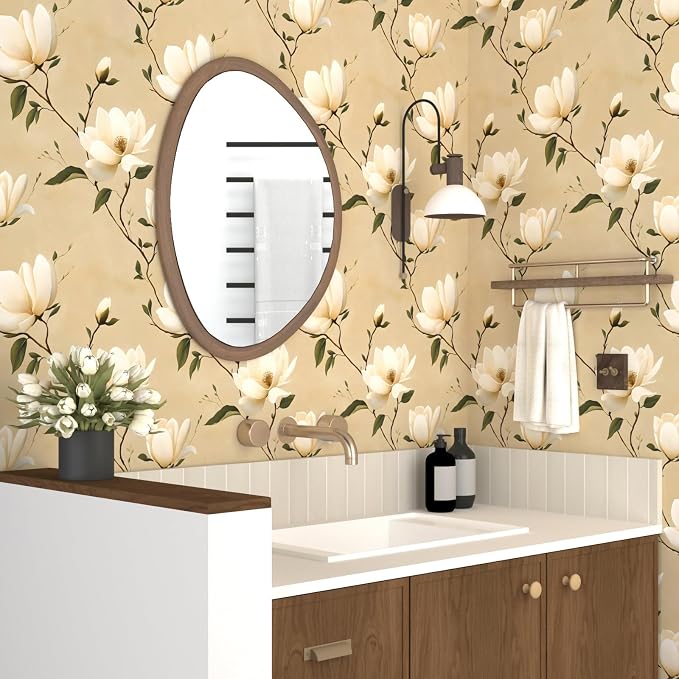 Floral Peel and Stick Wallpaper Vintage Khaki Contact Paper 17.5''x393'' Vinyl