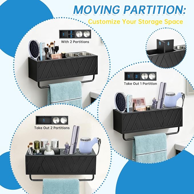 Hair Tool Organizer Wall Mounted with Towel Bar, Wood Hair Dryer and Styling Holder for Bathroom, Vanity Caddy Storage Stand for Storage Bathroom Accessories, Flat Iron, Blow Dryer, Brushes(Black)