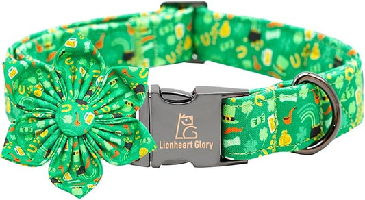Lionheart glory St. Patrick's Day Dog Collar with Flower Dog Collar for Large Dogs, Green Collars Lucky Clover Shamrock Dog Collar Flower Pet Collar Bows Heavy Duty