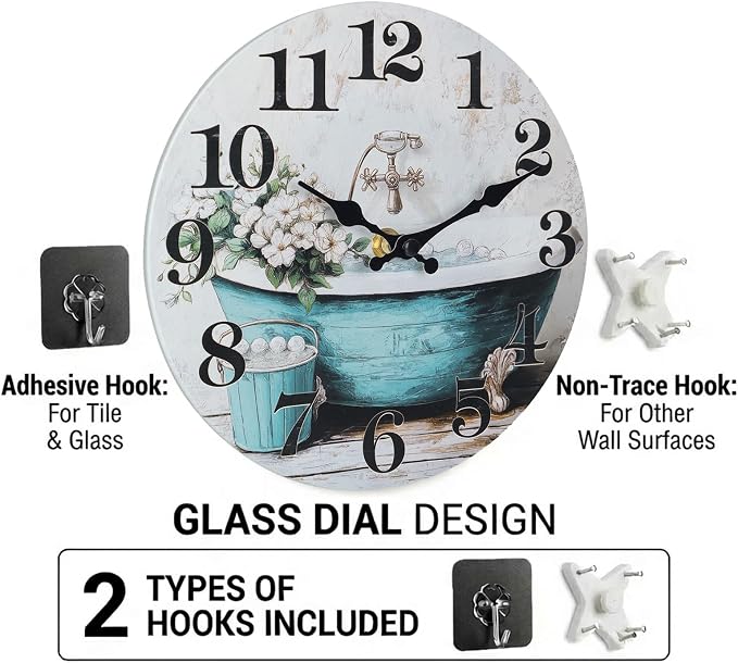 Silent Wall Clocks for Bathroom, Rustic Style Waterproof Glass Wall Clock for