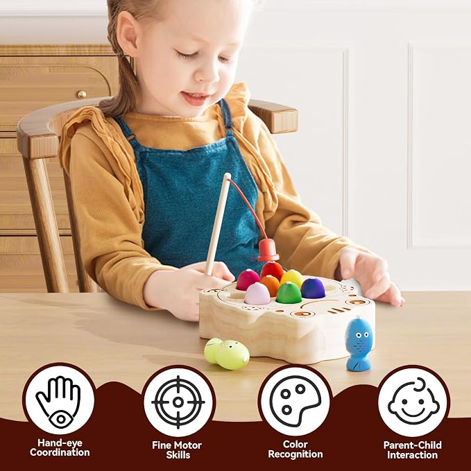 Wooden Magnetic Fishing Game for Toddlers 1-3, Montessori Sensory Busy Board Fine Motor Skills Toys for 1 2 3 Years Old Boys Girls (Frog B-Fish Game)