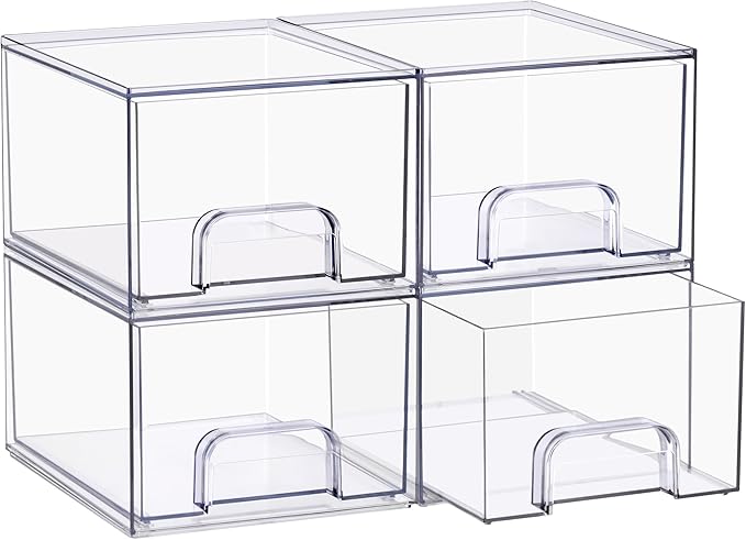 Sorbus Stackable Acrylic Storage Drawers, 4 Pack Clear Plastic Organizer Bins for Baby Bottles, Makeup, Bathroom, Vanity & Kitchen Countertop Organization, Pull-Out Drawer Design for Cabinets & Pantry