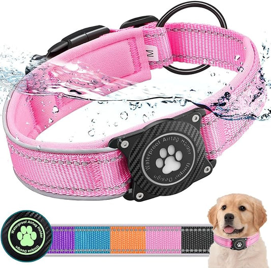 Airtag Dog Collar with Waterproof Air Tag Holder, Luminous Reflective, Soft Padded, Adjustable Nylon Pet Collar for Small Medium Large Heavy Duty Dogs,Pink, XL