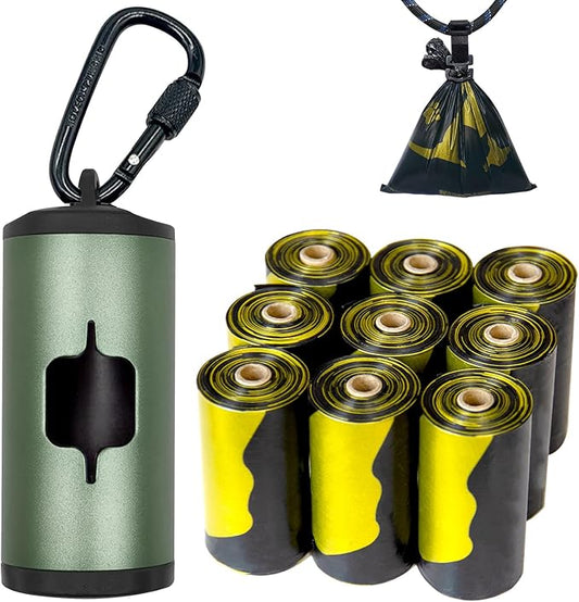 Metal Dog Poop Bag Holder w/Leash Clip|Durable Scratch-Resistant Aluminum|135 Bags+3 Accessories（Dark Green）