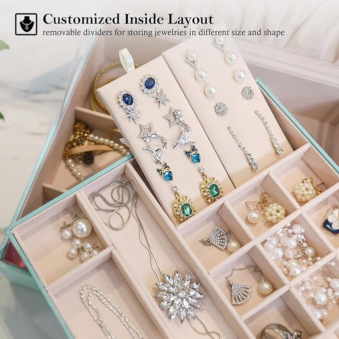 ProCase Jewelry Box for Women, 2 Layers Large Leather Jewelry Organizer Storage Case with Removable Pad for Earrings -Mint
