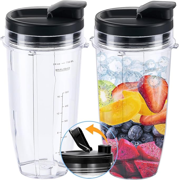 Replacement 24oz Blender Cup with Sip & Seal Lid For Nutri Ninja BL450 BL456 BL480 BL482 BL640 BL642 BL682 BN401 BN751 BN801 Foodi SS101 SS151 SS351 SS401 Ninja Blender Auto IQ Blade, 2-Pack …