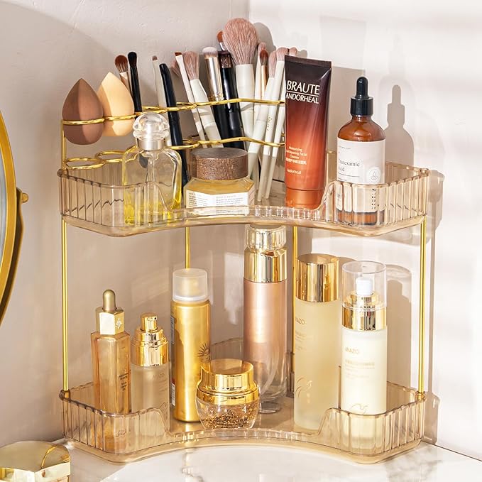 NATURE'S SOURCE Makeup Organizer for Vanity, 2-Tier Corner Bathroom Organizer Countertop with Makeup Brush Holder, Corner Counter Storage for Bathroom Dresser-Amber Gold