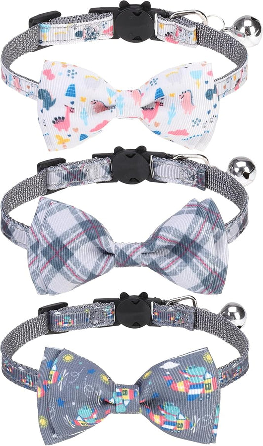 Breakaway Cat Collar with Removable Bow Tie and Bell, Cute Multi-Style Patterns, 3 Pack Safety Buckle Kitten Collars, Adjustable Pet Collar for Boy Cats Puppy (Gray)