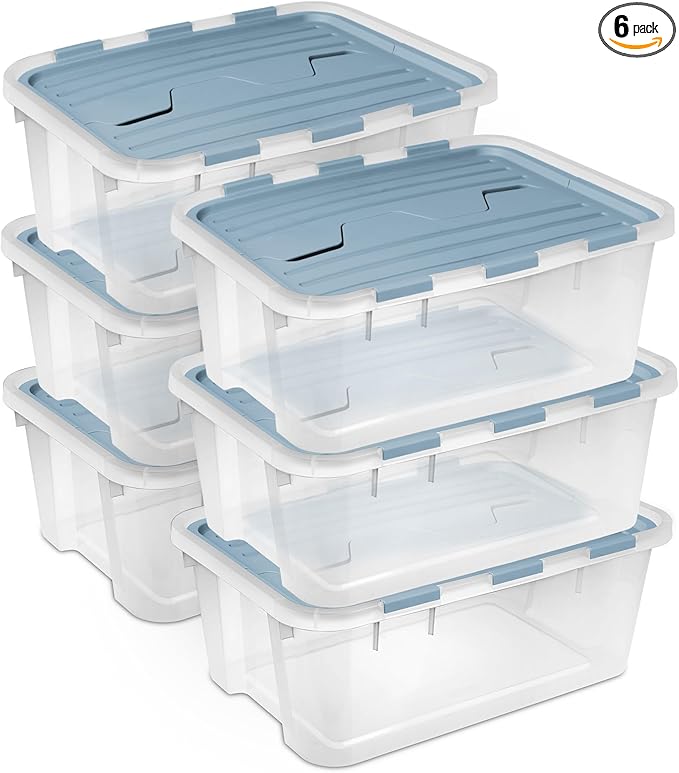 Sterilite 6 Pack Hinged Lid Storage Box, 40 Qt Plastic Container, Washed Blue - Home Organizer Tote for Storing Shoes, Crafts, Clothing, or Decor
