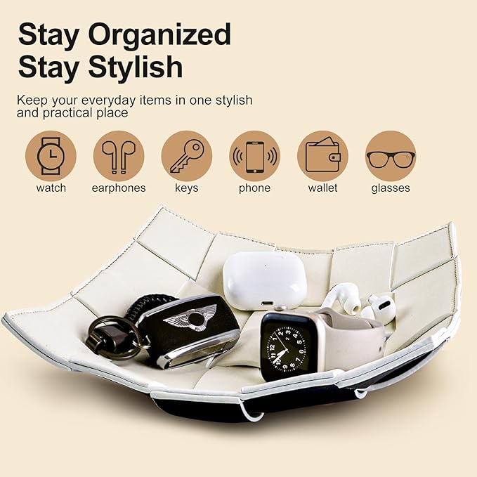 Valet Tray for Men and Women PU Leather Key Holder Bowl for Entryway Table Bedside Nightstand Desk Catchall Organizer Tray for Wallet, Watch, Key, Phone Men's Gift - 9.8" L x 9.8" W x 2" H