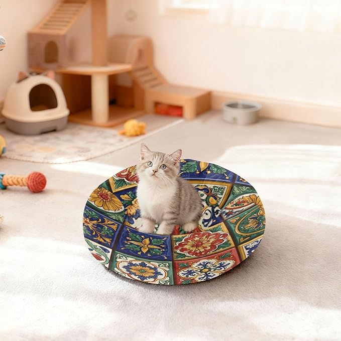 Round Cat Bed Dog Bed,20in Mexican Tile Patterns Washable Non-Slip Bottom Soft Pet Bed for Small Medium Dogs and Cats